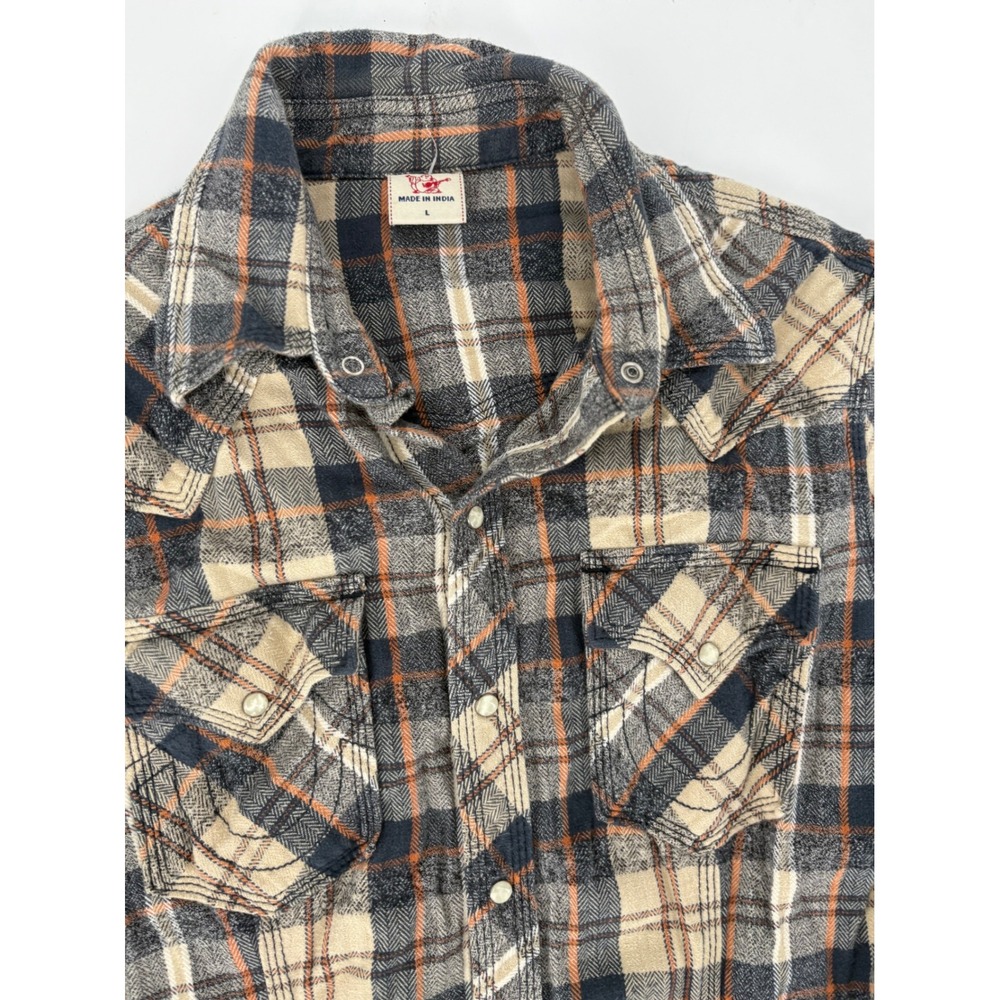 True Religion Mens Plaid Western Flannel Shirt Pearl Snap Blue Orange Large - Picture 4 of 6